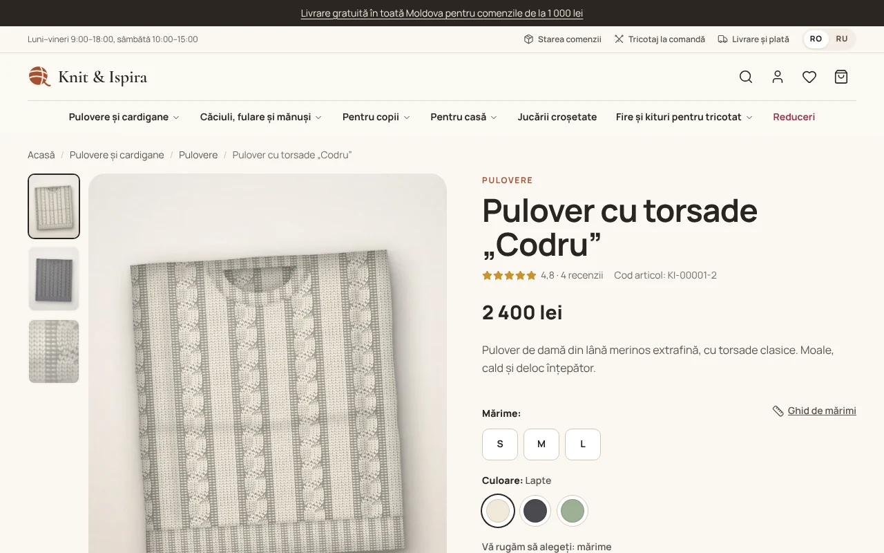 Pagina produsului cu culori și tabel de mărimi